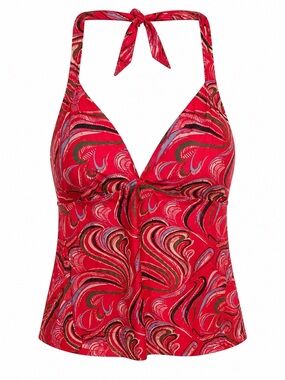 Women’s Red Halter Tankini Top  and skirt bottom Printed Swimwear